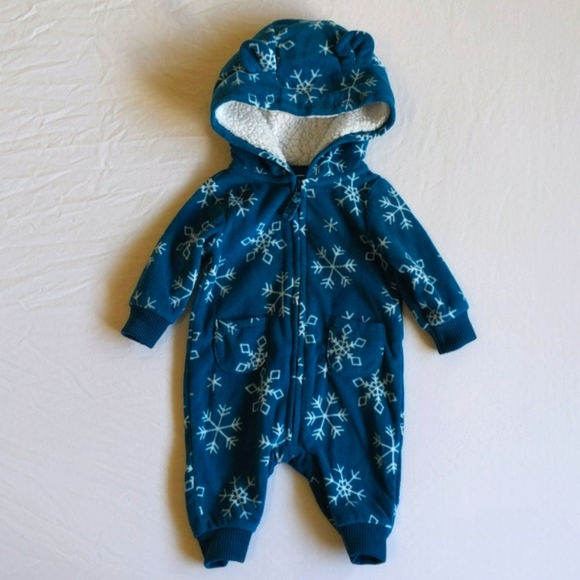 carter's teal snowflake fleece zip-up jumpsuit with lined hood size newborn baby - Picture 1 of 6